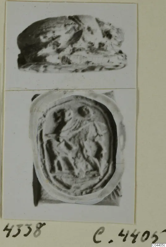 Two views of an oval stone seal, one showing its side and one its engraved face