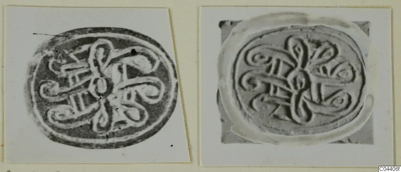 Two photographs of an oval seal design with interlaced looping and scroll motifs around a central knot