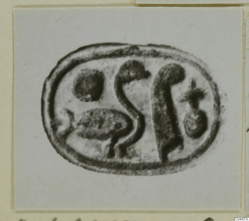 Oval engraved seal-gem from Ayia Irini, shown in a photograph mounted on a card.