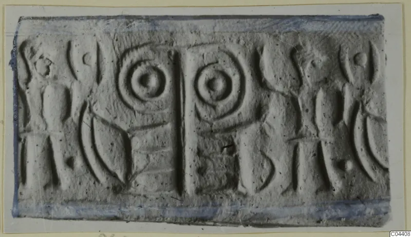 Seal impression with two concentric circles and figure-like shapes, recorded as Glyptic, Nicosia