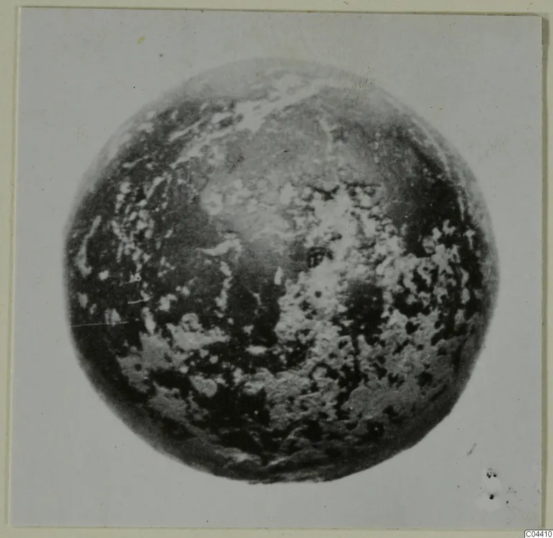 Rounded stone object with a speckled, mottled surface, photographed against a pale card background