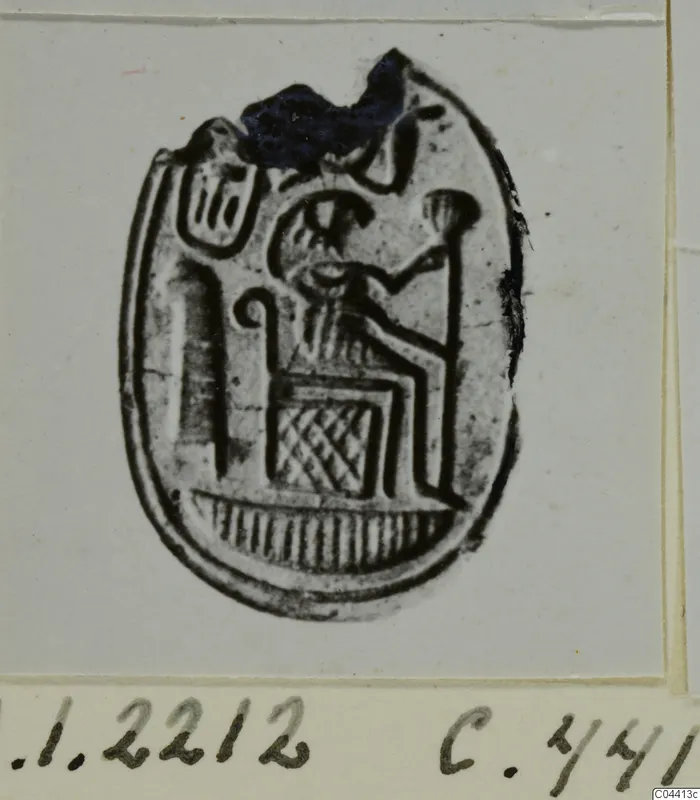 Oval engraved seal or gem from Ayia Irini showing a seated figure and a staff-like object