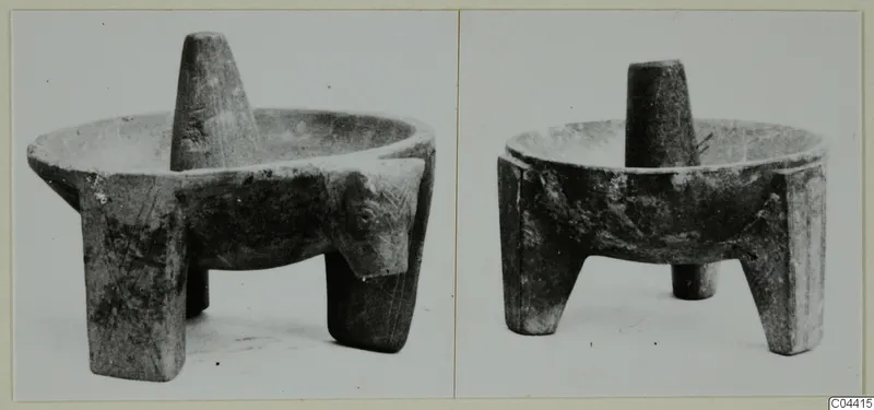 Two views of a stone mortar on three short legs, with a pestle standing upright in its bowl
