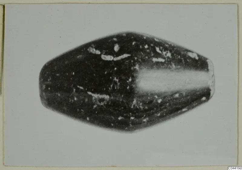 Dark bead-like object with tapering ends, photographed on a pale card.