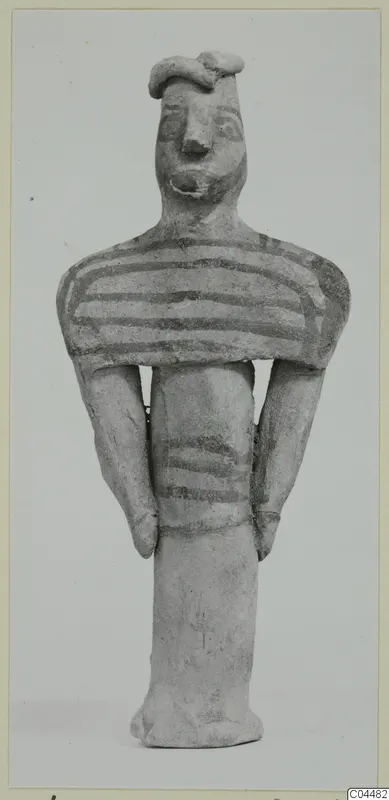 Terracotta figurine from Ayia Irini with painted horizontal bands on the body, standing upright.