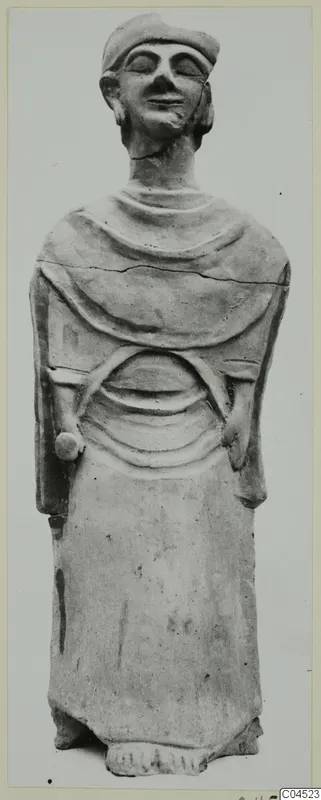 Terracotta statue, Proto-Cypriote II, a standing figure with closed eyes, a close-fitting cap and bent arms