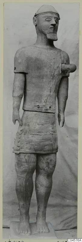 Standing terracotta statue of a bearded male figure, Terracotta Proto-Cypriote I, from Ayia Irini