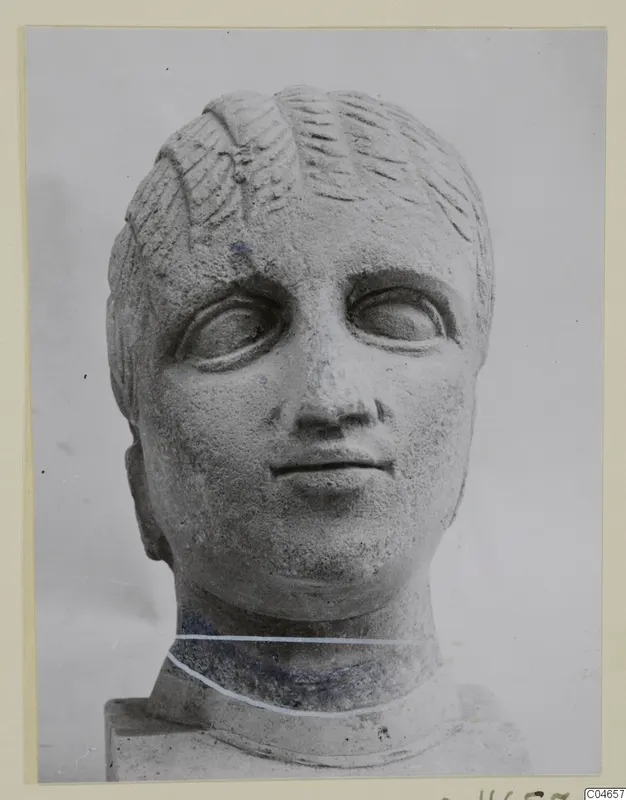 Stone head of a statue from Arsos, shown from the front against a pale background.