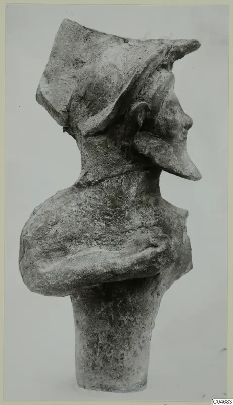 Terracotta figurine from Mersinaki, seen in profile, with a tall cap, folded arms and a cylindrical base
