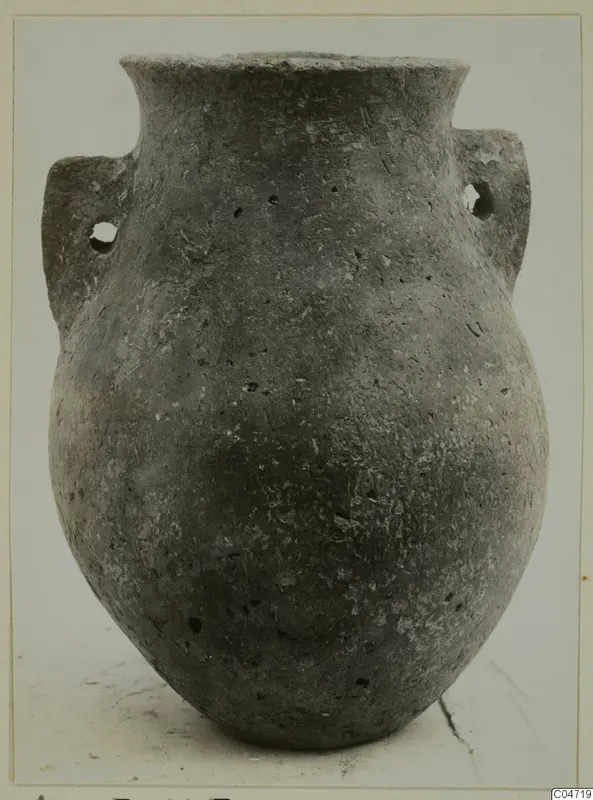 Pottery jar with a flared rim and two handles, each pierced by a hole