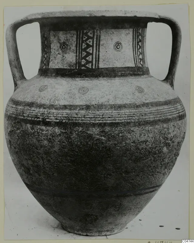 Two-handled jar with painted neck panels of circles and triangles, from Amathus