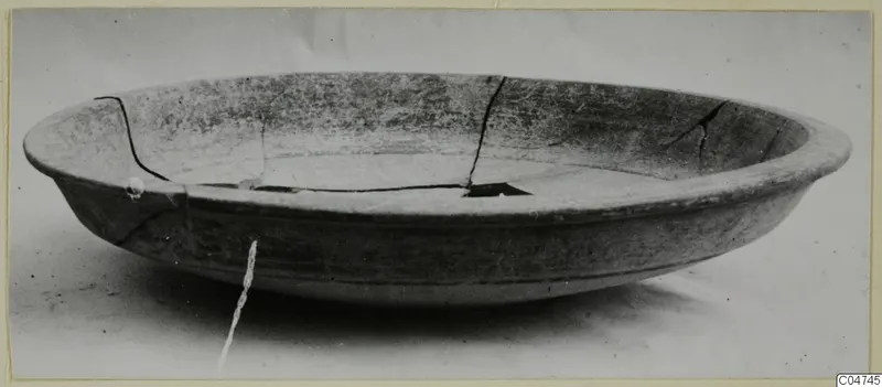 Pottery Bichrome IV plate, a shallow cracked vessel with a wide rim, photographed on a plain background