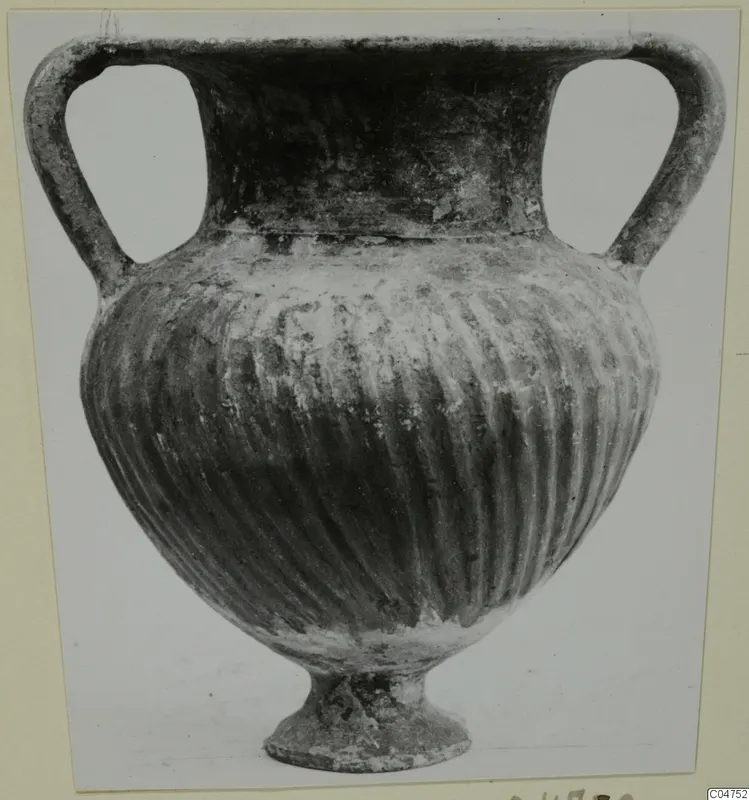 Pottery Black Slip Ware vessel with two handles, a fluted body and a low foot