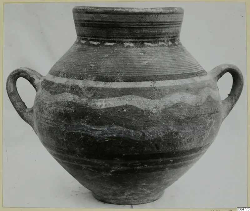 Two-handled pottery vessel with a narrow neck and pale and dark bands, shown against a plain background
