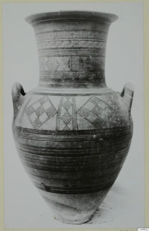 Tall two-handled vessel with a flaring rim and banded and checkerboard decoration, Pottery Bichrome IV, Cyprus Museum