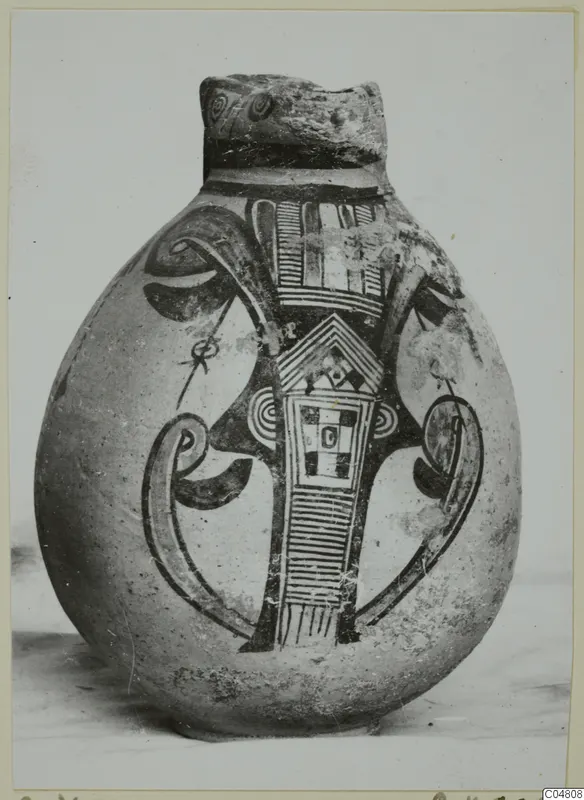 Round painted jug with a short neck and a bold pattern of bands, hatching and a checkered panel