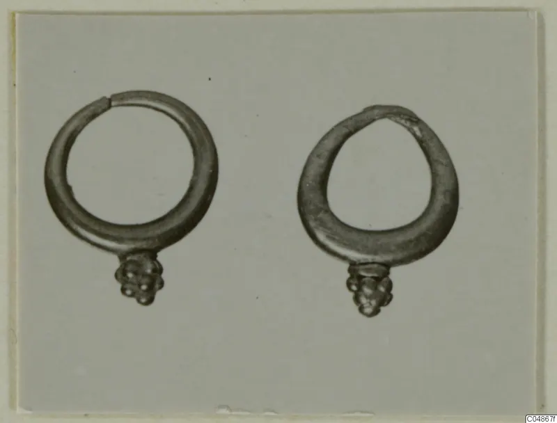 Two ring earrings with clusters of small rounded balls at the base, shown side by side