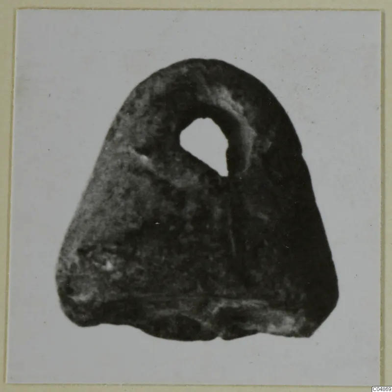 Dark stone seal from Enkomi with a hole pierced through its upper part, photographed on a light card