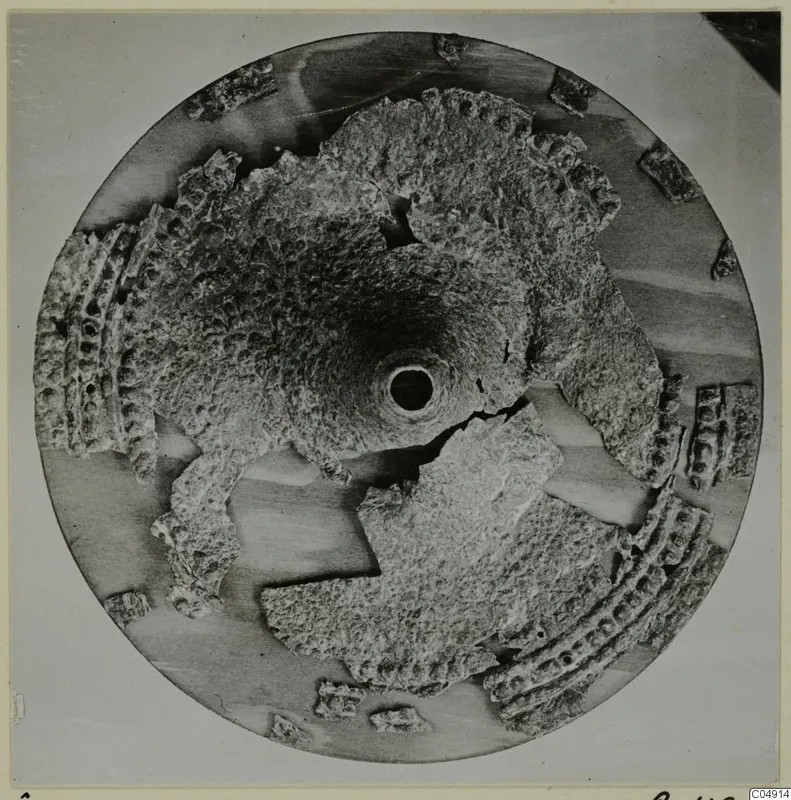 Corroded bronze weapon fragments arranged around a central funnel-shaped piece with a round opening, seen from above