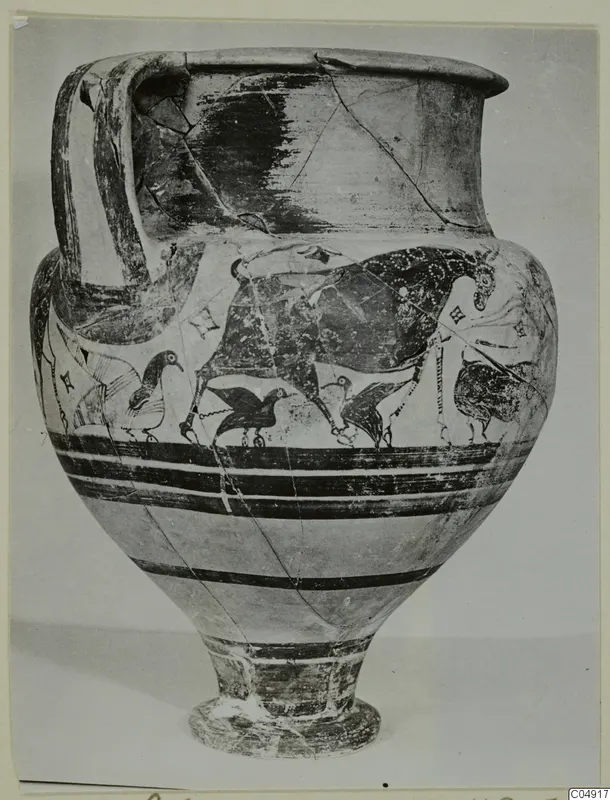 Large pottery amphora-crater from Enkomi with painted birds and an animal with curved horns around its body