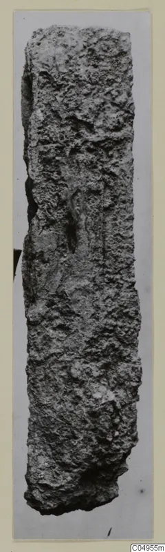 Corroded iron object from Amathus, long and narrow with a crusted, pitted surface, shown upright against a pale card