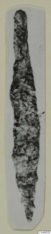 Corroded iron arrowhead from Amathus, long and narrow, shown on a pale card mount.