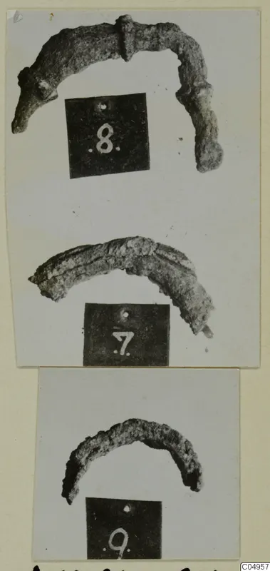 Three photographs of corroded, curved bronze pieces, each beside a black number label, mounted on a card