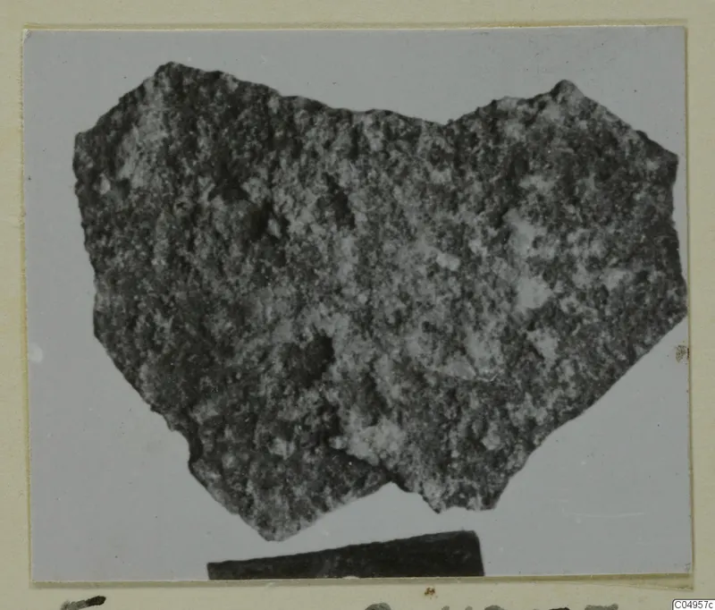 Pottery sherd from Amathus with a rough, pitted surface, photographed on a grey card mount