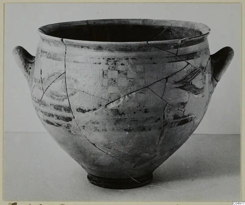 Pottery Levanto-Helladic Ware amphora-crater with two horizontal handles and dark painted bands, photographed against a plain background