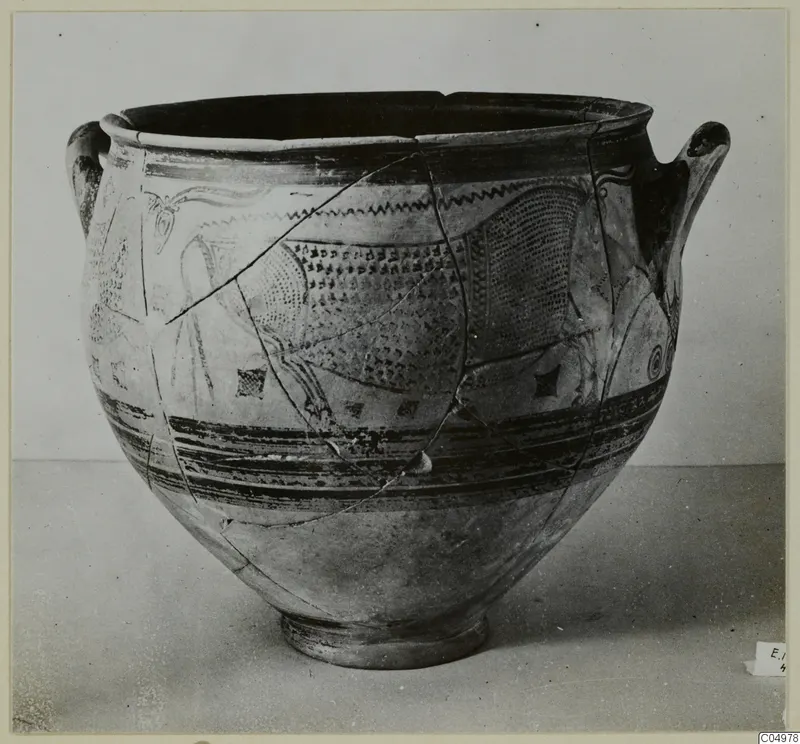 Painted pottery Levanto-Helladic Ware amphora-crater with two handles, dark horizontal bands and dotted panels