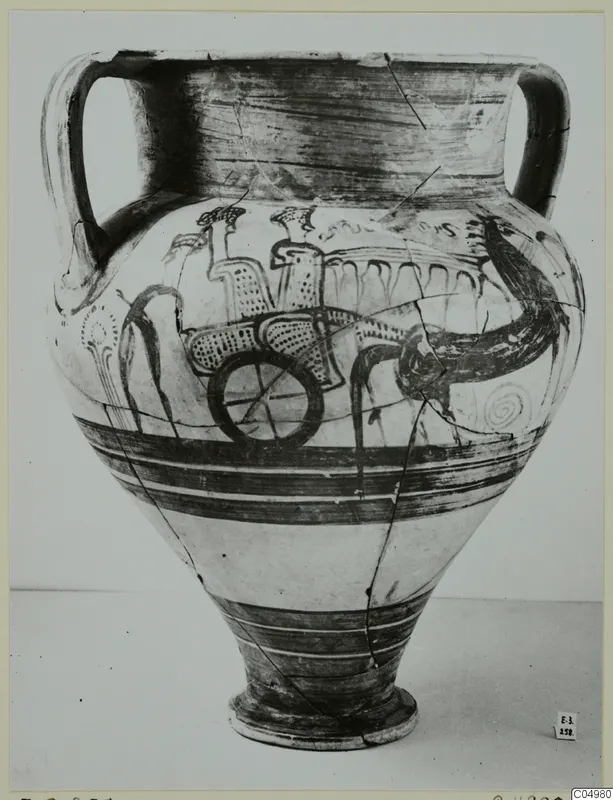 Levanto-Helladic amphora-crater with a painted scene of a wheel and standing figures