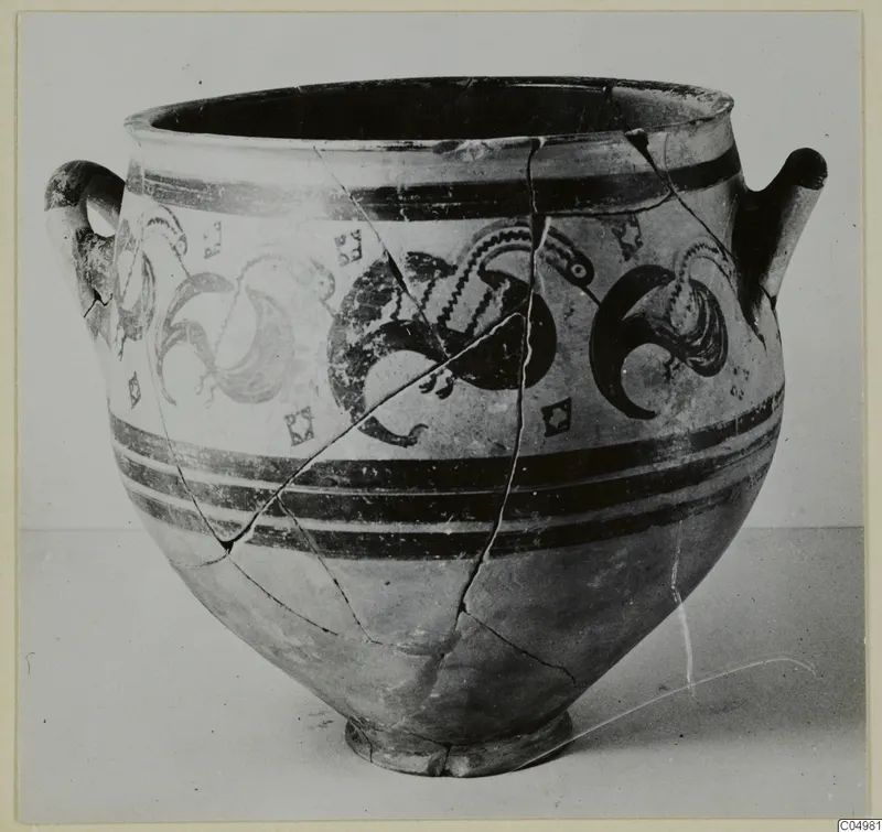 Pottery amphora-crater with dark painted bands and stylised bird motifs, seen from the side