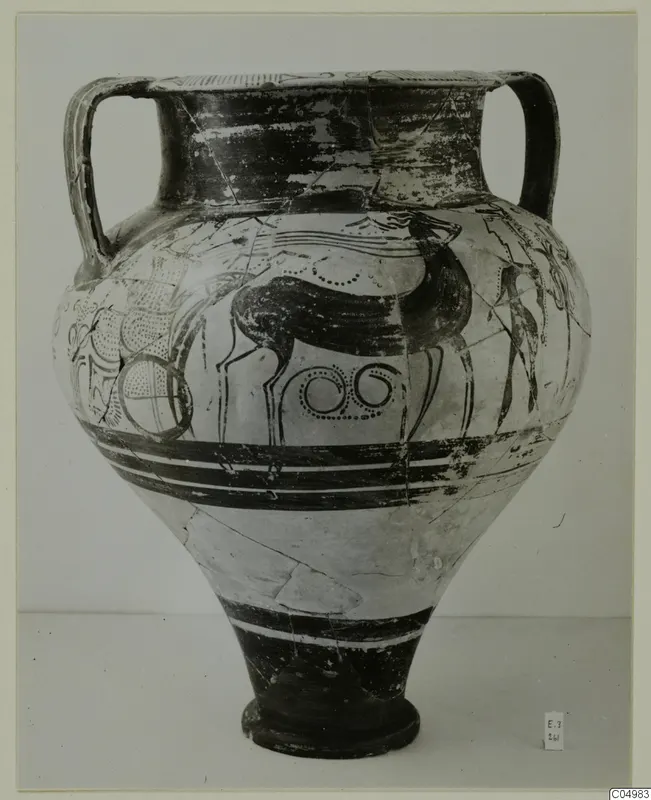 Two-handled painted pottery amphora-crater, Levanto-Helladic ware, standing on a narrow foot against a plain backdrop.