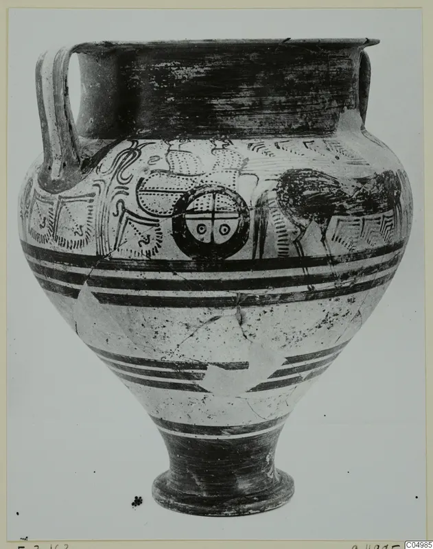 Pottery Levanto-Helladic Ware Amphora-Crater with two handles and painted bands and motifs around the body.