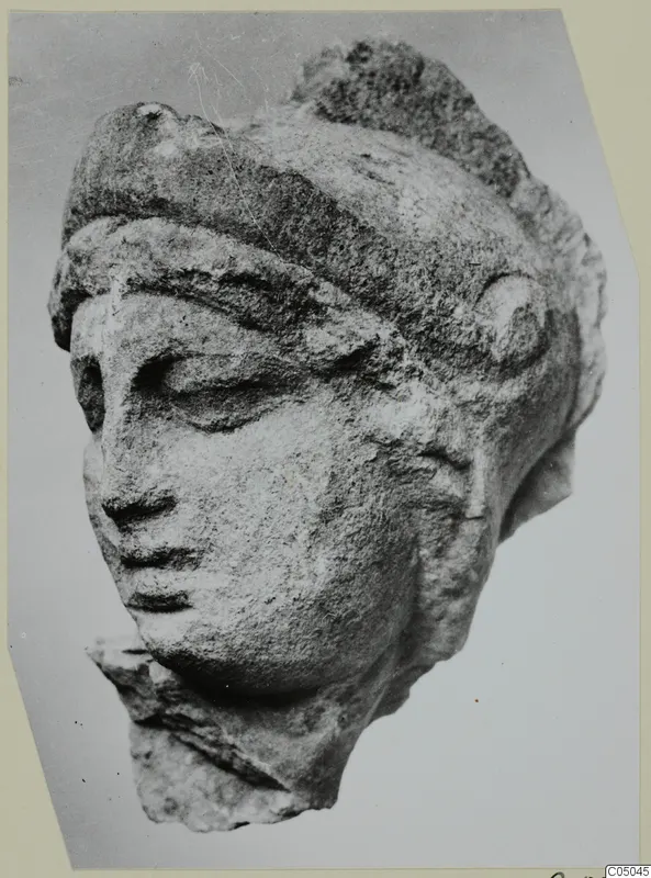 Marble head fragment of a figure, three-quarter view, broken at the neck and chin.