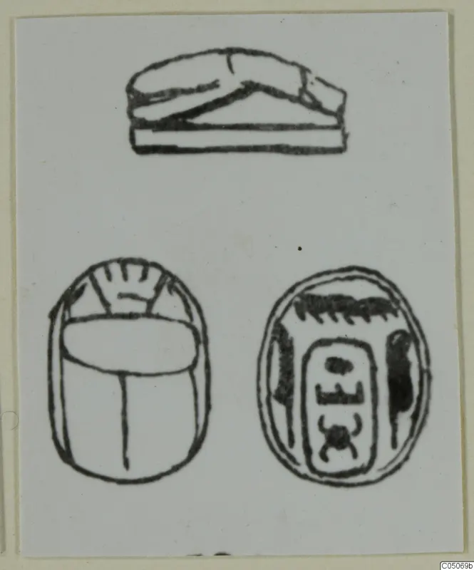 Drawings of three seal-stones: a flat-topped seal above two scarab beetles, one seen from the back and one with an inscribed base.