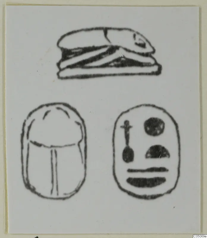 Drawings of three seals: a flat-backed seal above, and two scarab-shaped seals below, one with signs on its base.