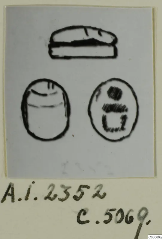 Drawing of three glyptic objects: a flat-backed seal above two oval seals or gems, Ayia Irini