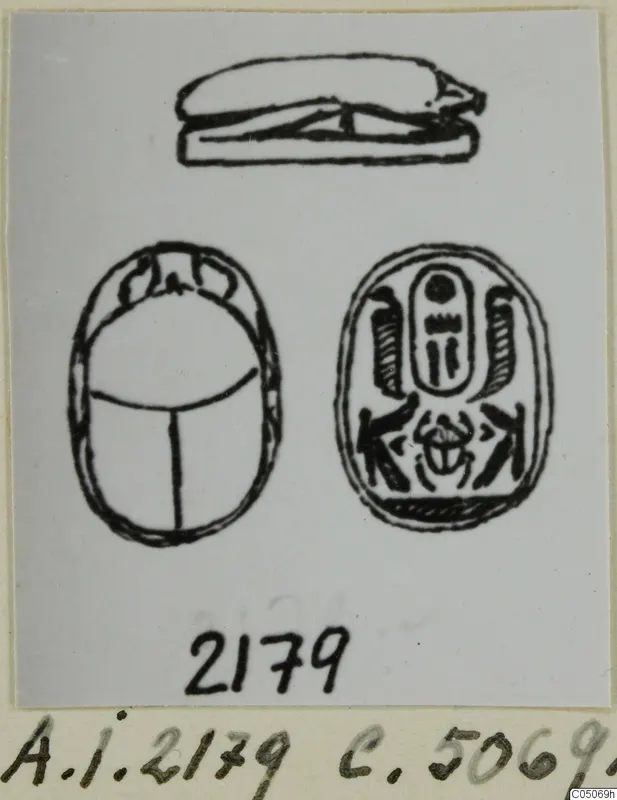 Drawing of a scarab seal shown in three views: side profile, back, and engraved base