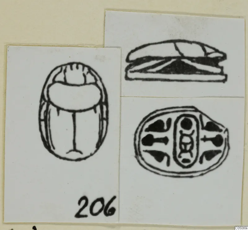 Drawings of a scarab-shaped seal from Ayia Irini in three views: back, side and base, with a number label
