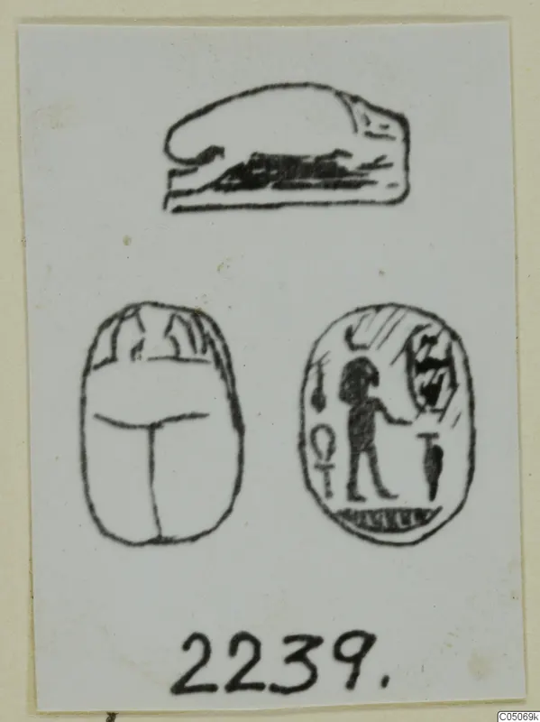 Drawing of three seals: one shaped like a recumbent animal, a scarab seen from the back, and an oval seal with a standing figure