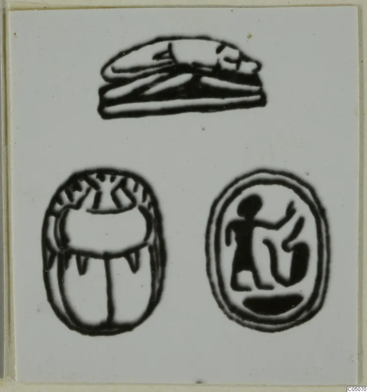 Drawings of three seals on a pale card: a recumbent animal, a scarab beetle and an oval seal with a figure