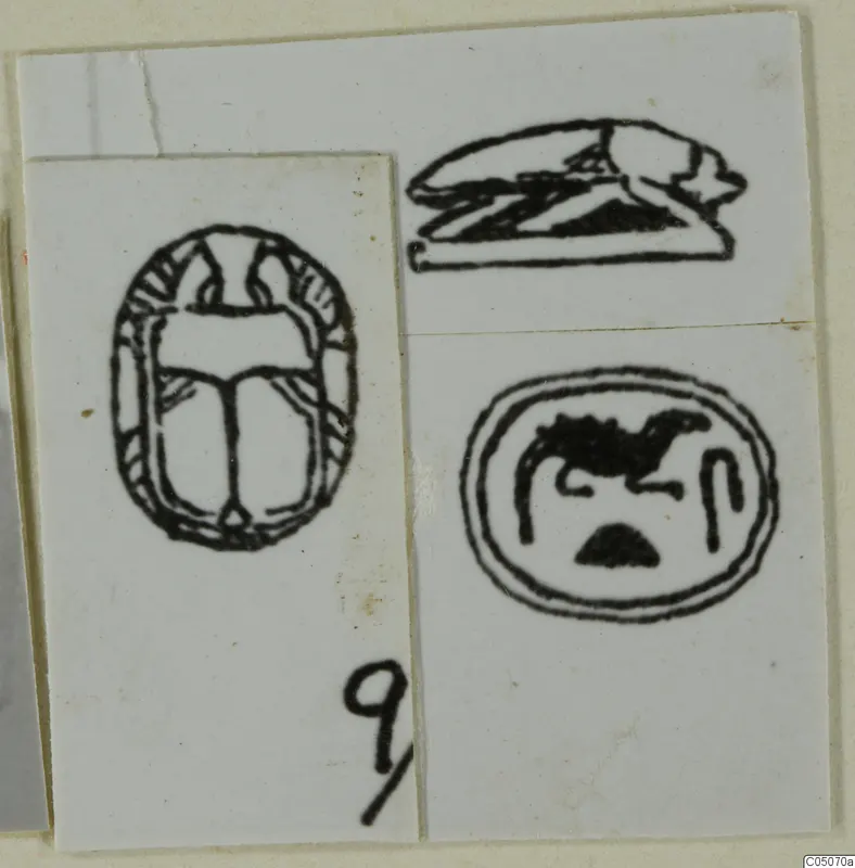 Line drawings of three seal-stones on white card, one showing a scarab beetle.