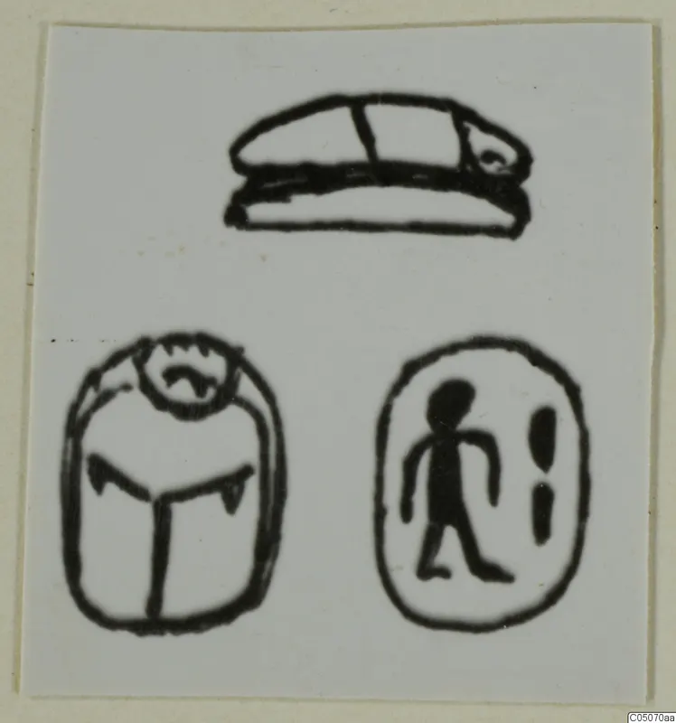 Drawing of a scarab seal with signs, from Ayia Irini, shown on a pale card