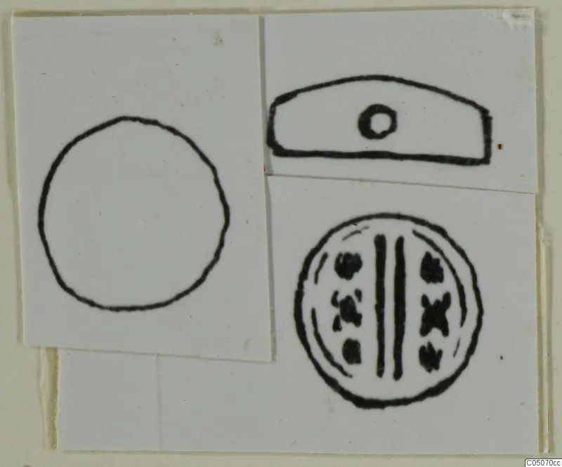 Drawings of a scarab from Ayia Irini: side profile with a perforation, and its flat base with a linear and dotted design