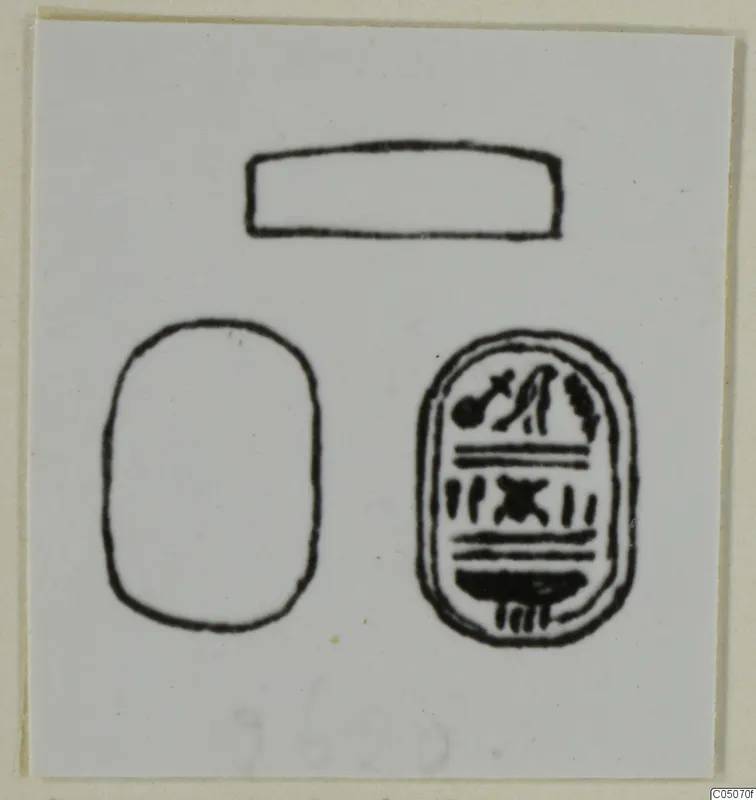 Drawing of a scarab seal in three views: an oblong outline, a plain oval, and the decorated base with signs