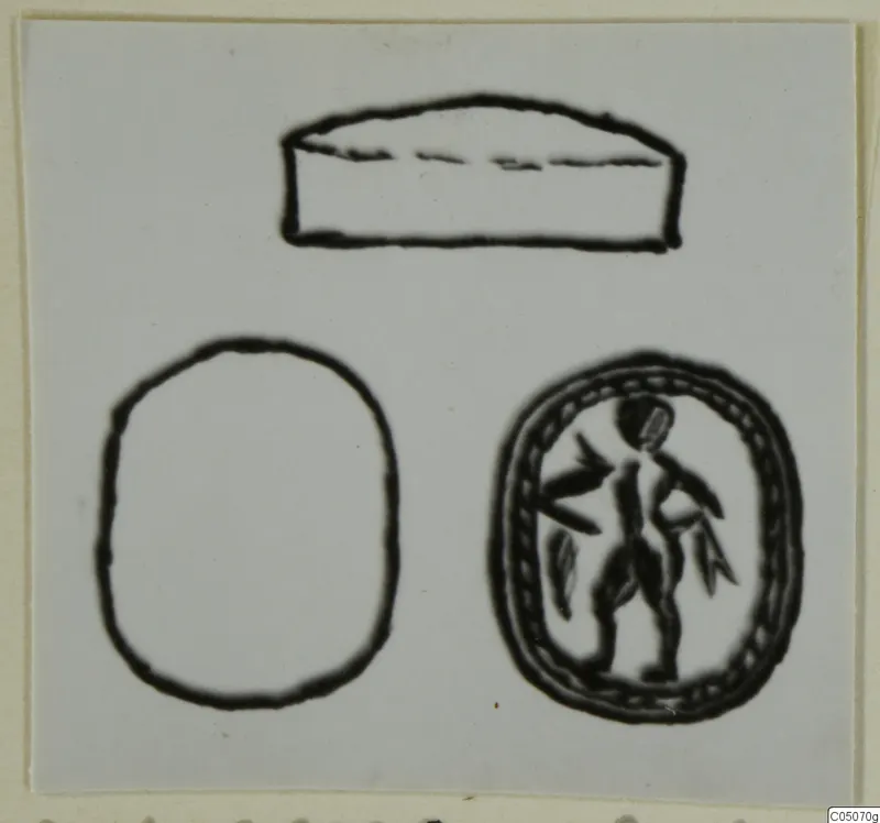 Drawing of a scarab seal: side profile, blank base, and engraved face showing a standing figure