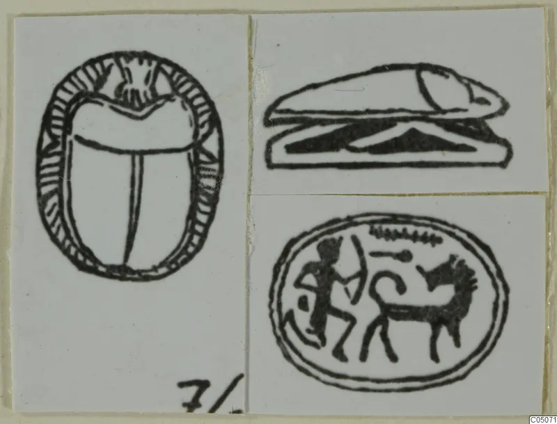 Three line drawings of seals: a scarab seen from above, a scarab in side view, and an oval gem with a figure and an animal
