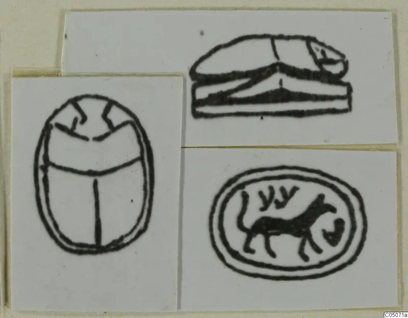 Drawings of three seals: two beetle-shaped scarabs and an oval seal showing a four-legged animal and signs
