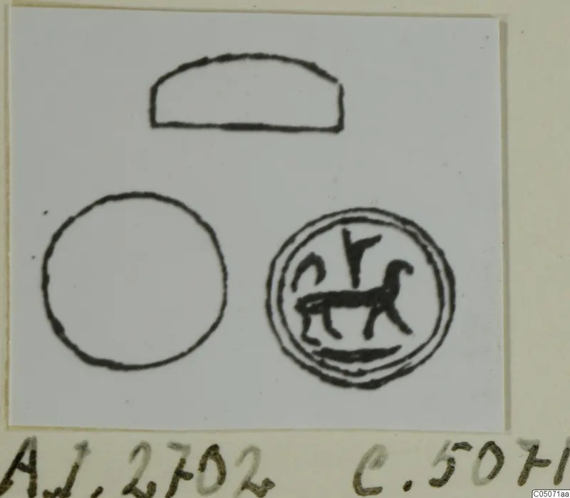 Ink drawings of seal-like objects on a card: a plain circle, a dome outline, and a double-bordered circle with an animal inside